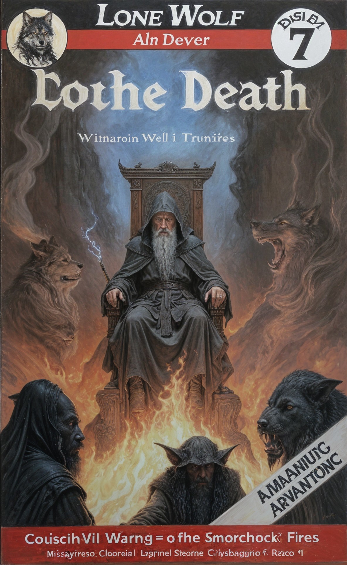 Cloaked Figure on Throne Surrounded by Shadowy Wolves