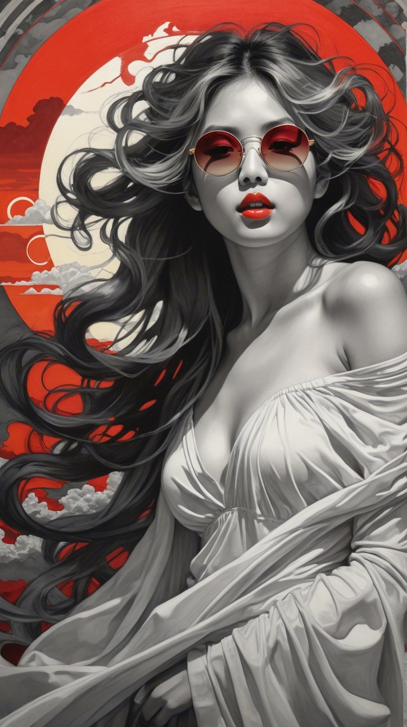 Black and white digital painting of a woman in red