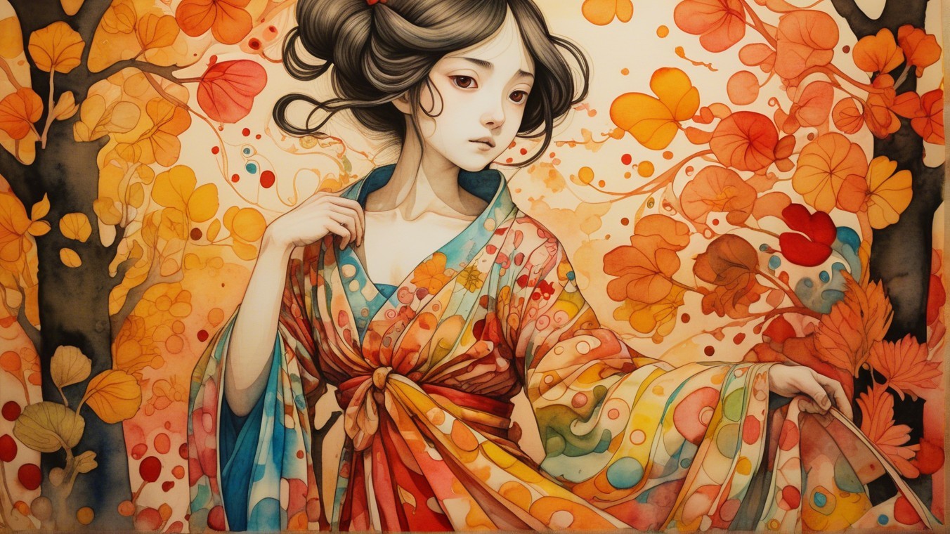 Young Woman in Colorful Kimono Among Autumn Leaves