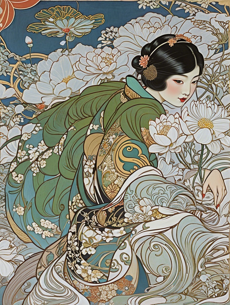 Serene figure in green kimono with blooming flowers