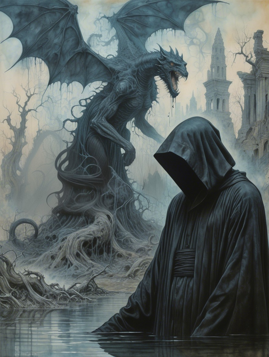 Silhouette in Cloak Facing Menacing Dragon in Mist