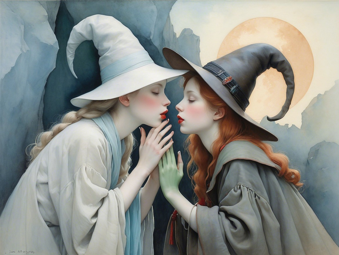 Witches Sharing a Magical Moment Under Full Moon