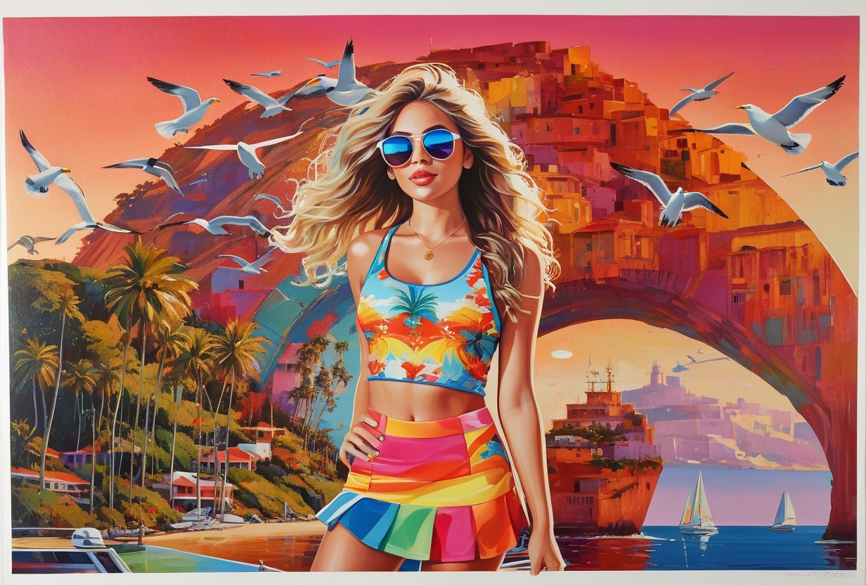 Vibrant Beach Scene with Stylish Woman and Tropical Setting