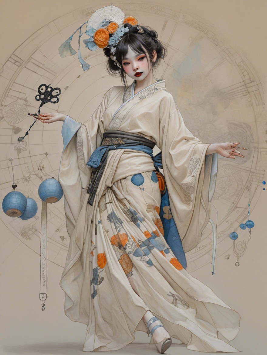 Elegant Figure in Floral Kimono with Clockwork Backdrop