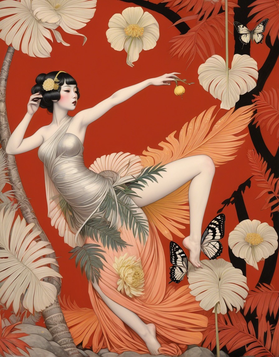 Graceful Woman in Silver and Peach Amid Tropical Foliage