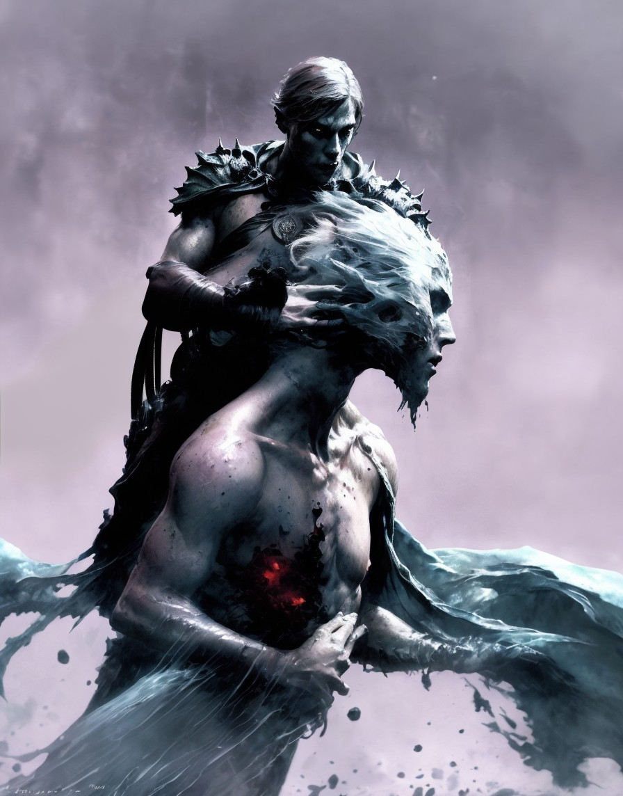 Dramatic Scene of Armor-Clad Figure and Ethereal Form