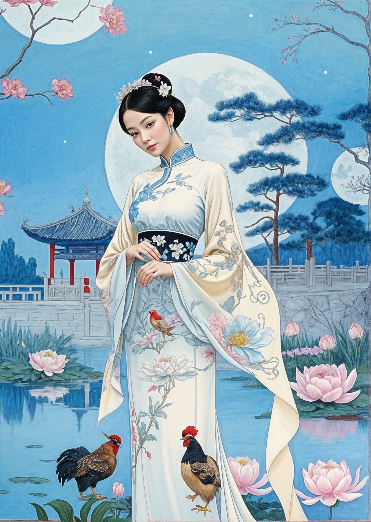 Young Woman in Traditional Gown by Tranquil Water