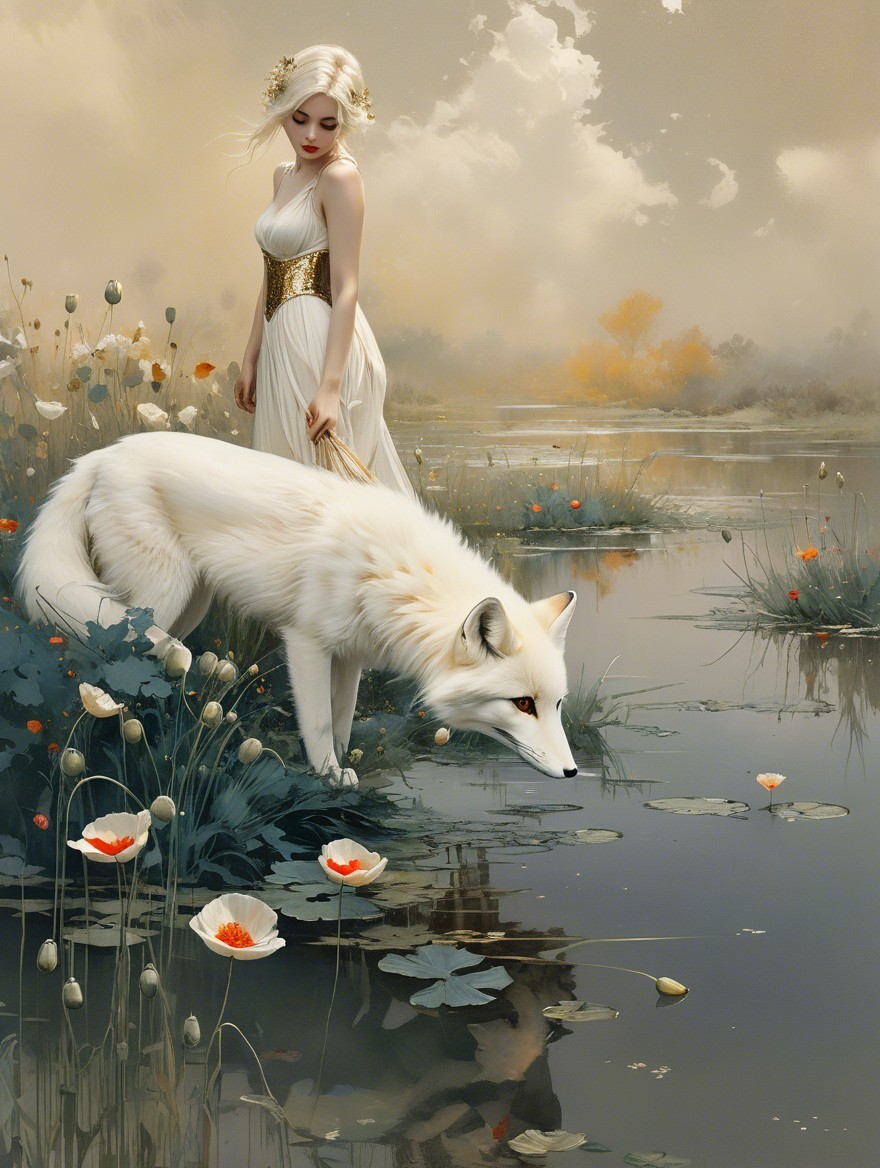 Tranquil lagoon with a figure and white fox