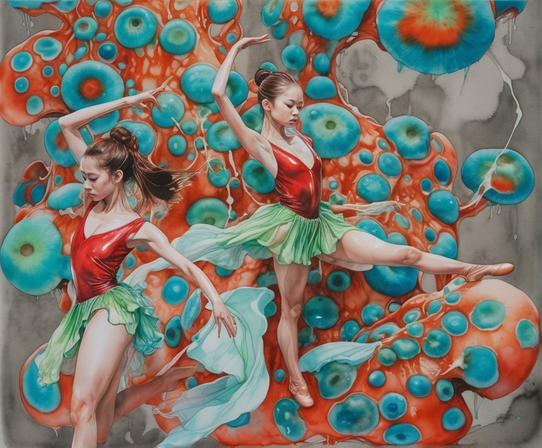 Ballerinas in Colorful Costumes Amid Abstract Bubbles