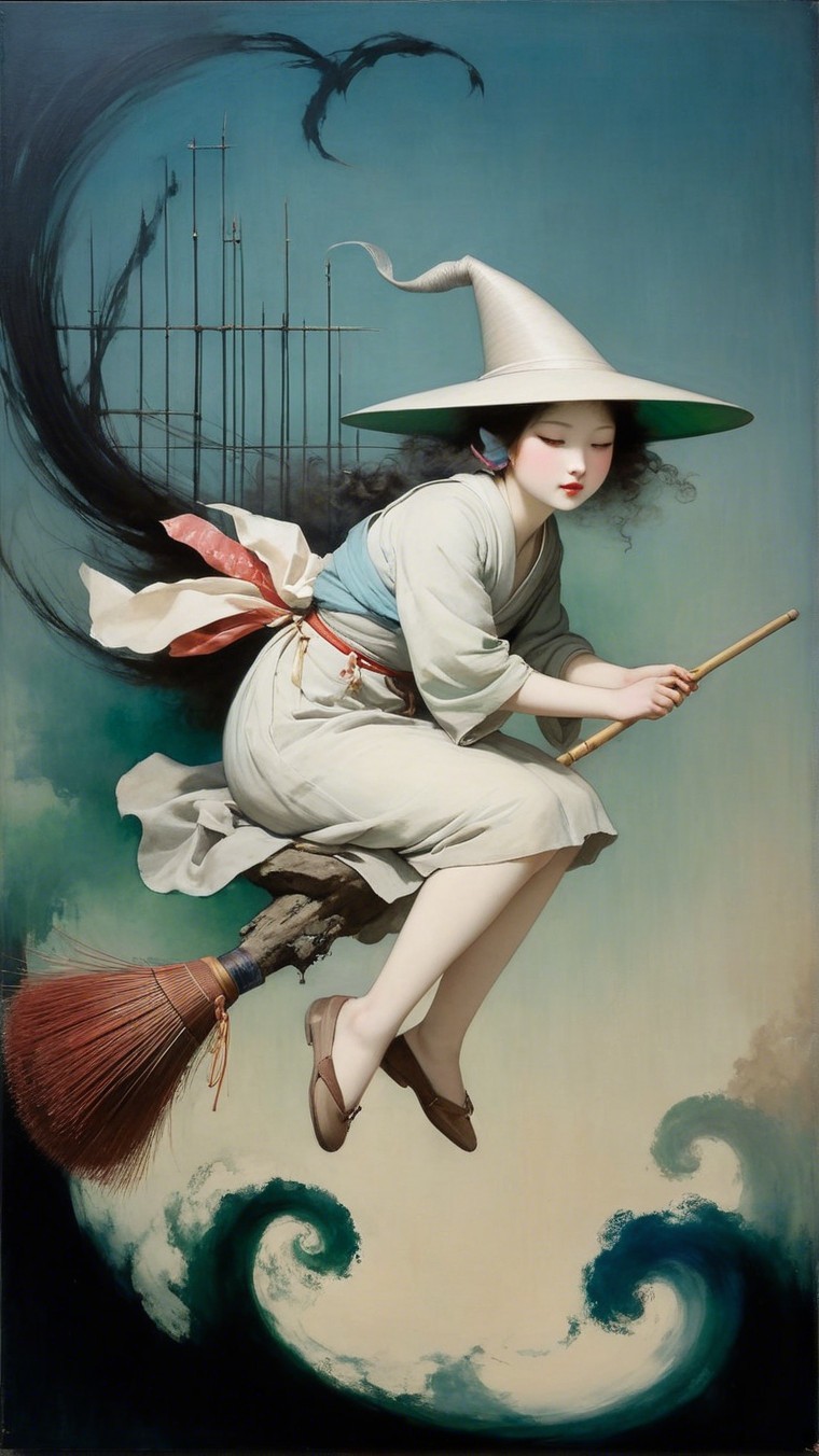 Whimsical Scene of a Girl on a Broomstick Above Waves