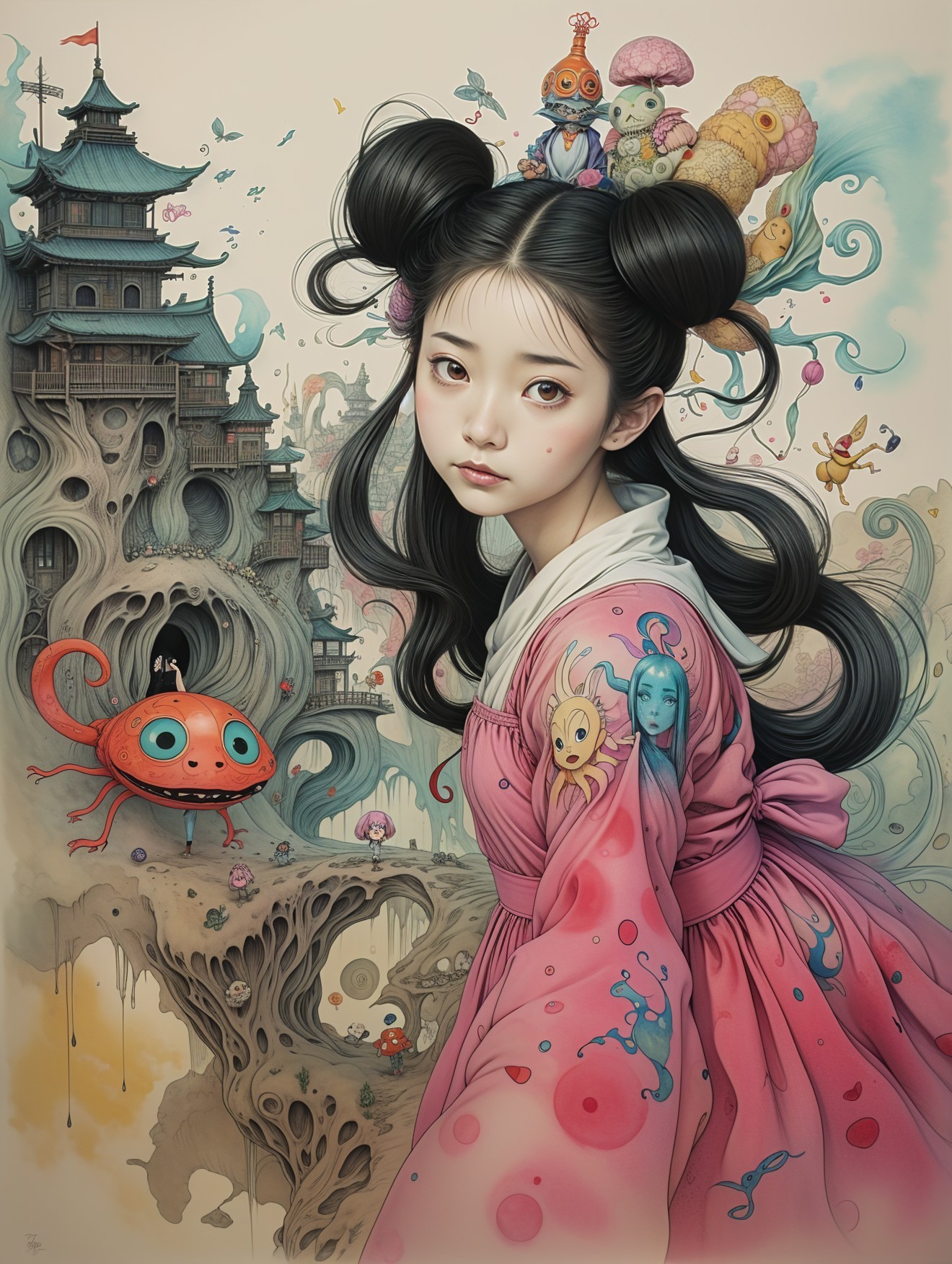 Young girl in pink garment in a surreal landscape