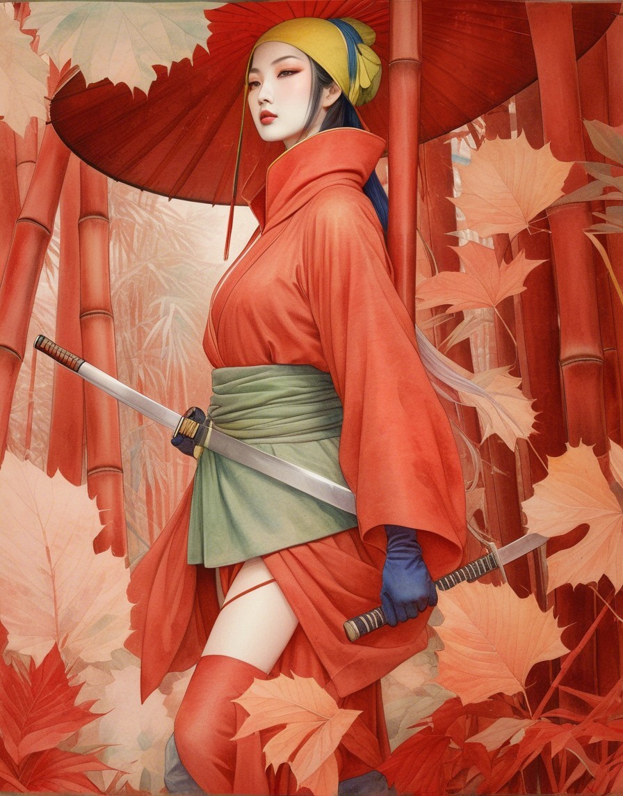 Vibrant Red Kimono Amidst Autumn Leaves and Bamboo