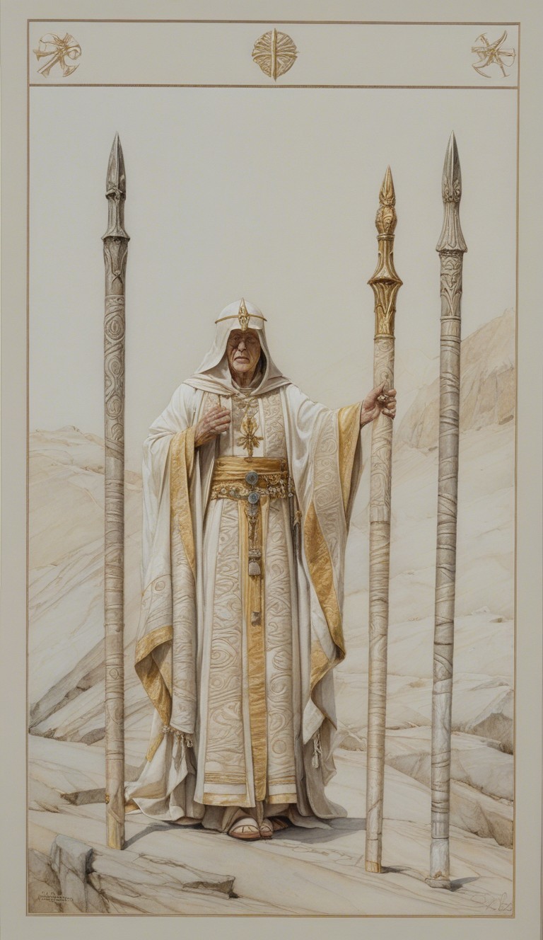 Regal Figure in White Robes in Desert Landscape