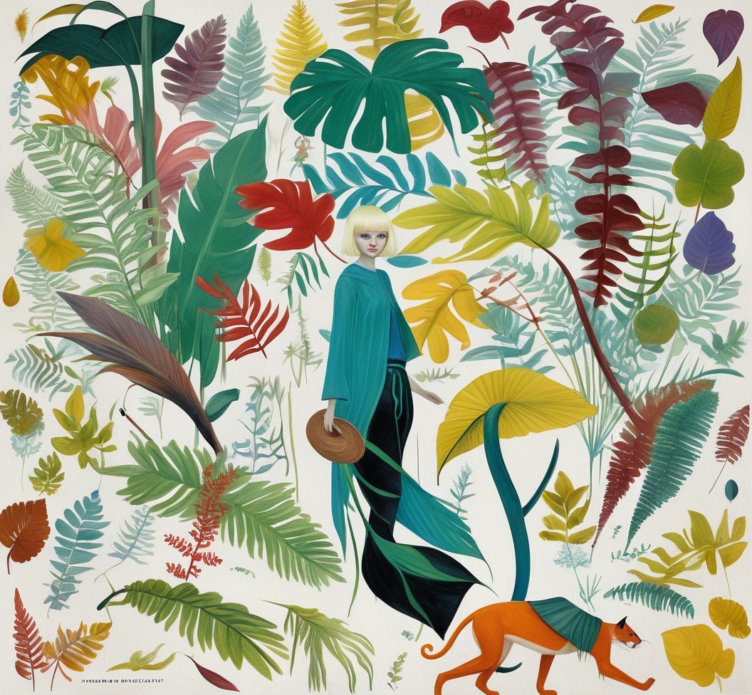 Whimsical Figure in Teal Surrounded by Vibrant Foliage
