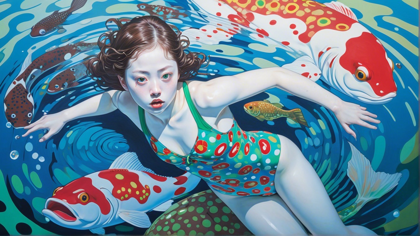 Colorful Swimsuit Girl Swimming with Koi Fish