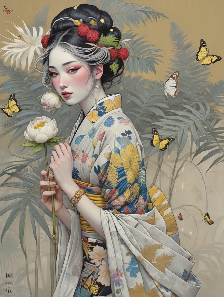 Woman in Kimono Surrounded by Greenery and Butterflies