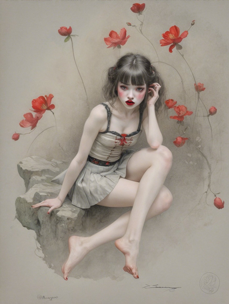 Ethereal Figure Surrounded by Blooming Red Flowers