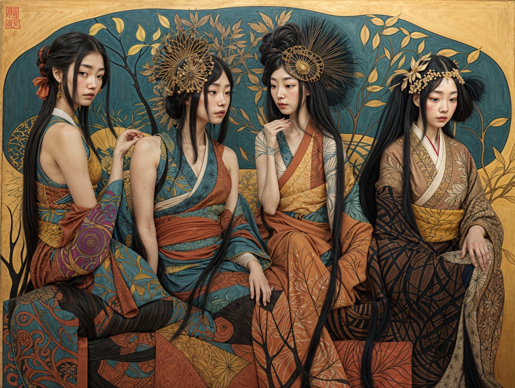 Elegant Figures in Intricate Kimonos Against Golden Leaves