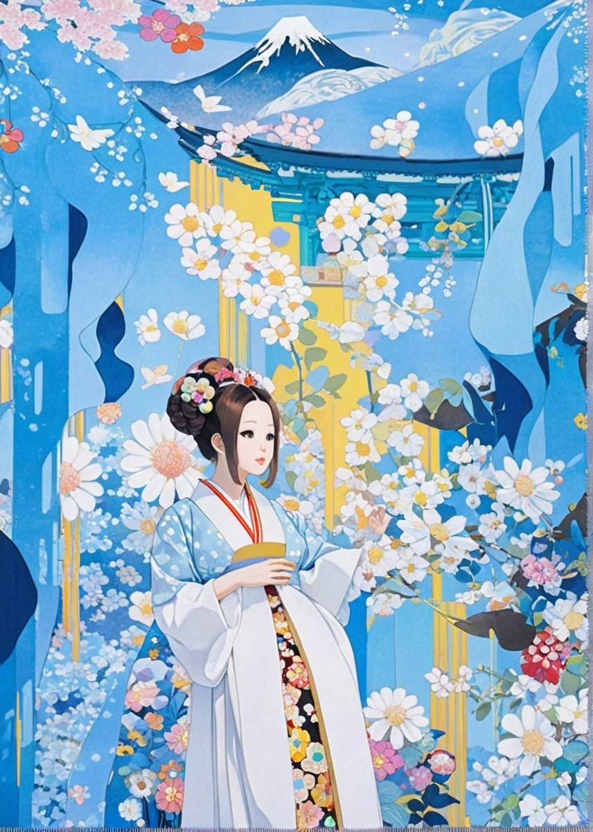 Young Woman in Traditional Attire Among Cherry Blossoms