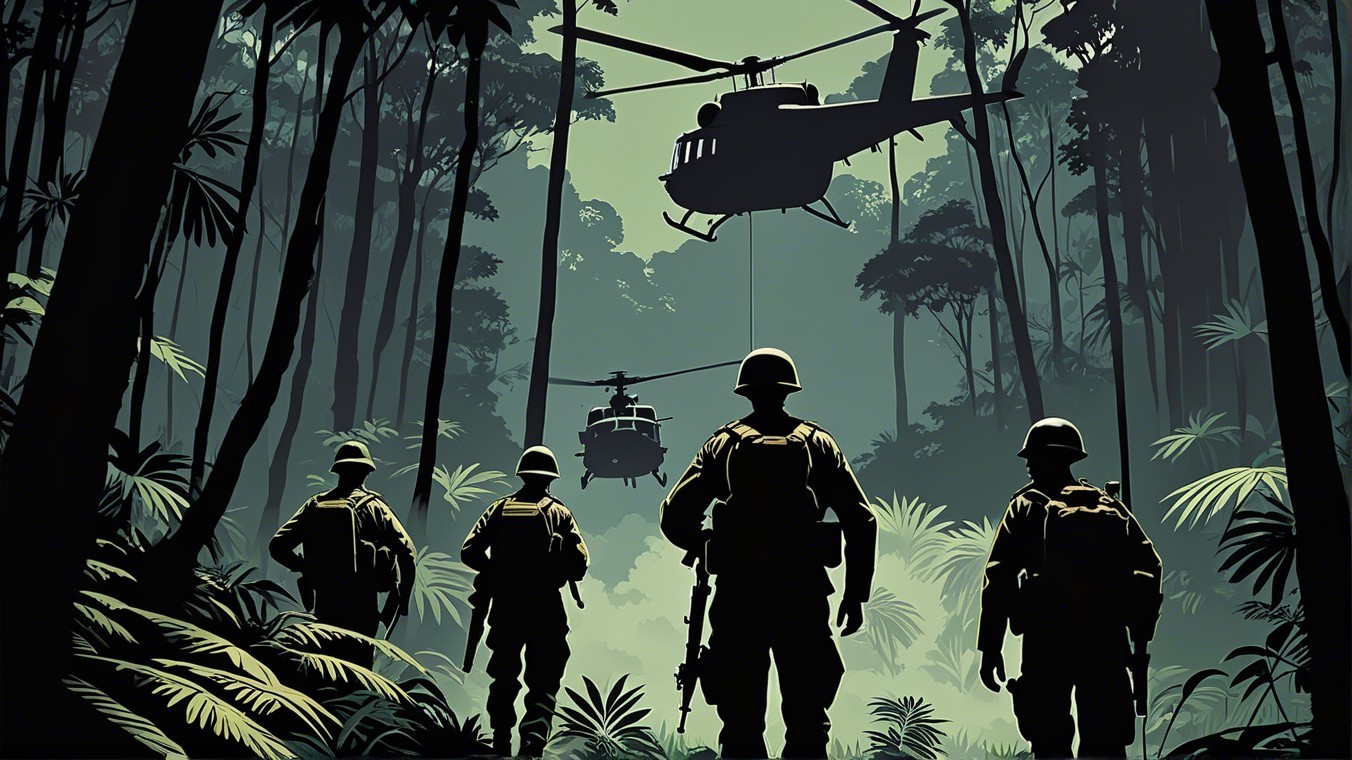Soldiers in Silhouette in Dense Jungle with Helicopters