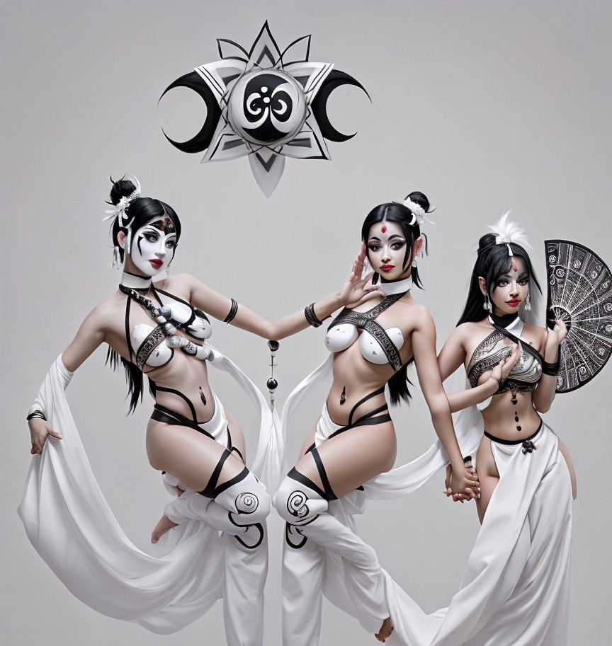 Three Women in Stylized White and Black Costumes with Dramatic Makeup on Grey Background