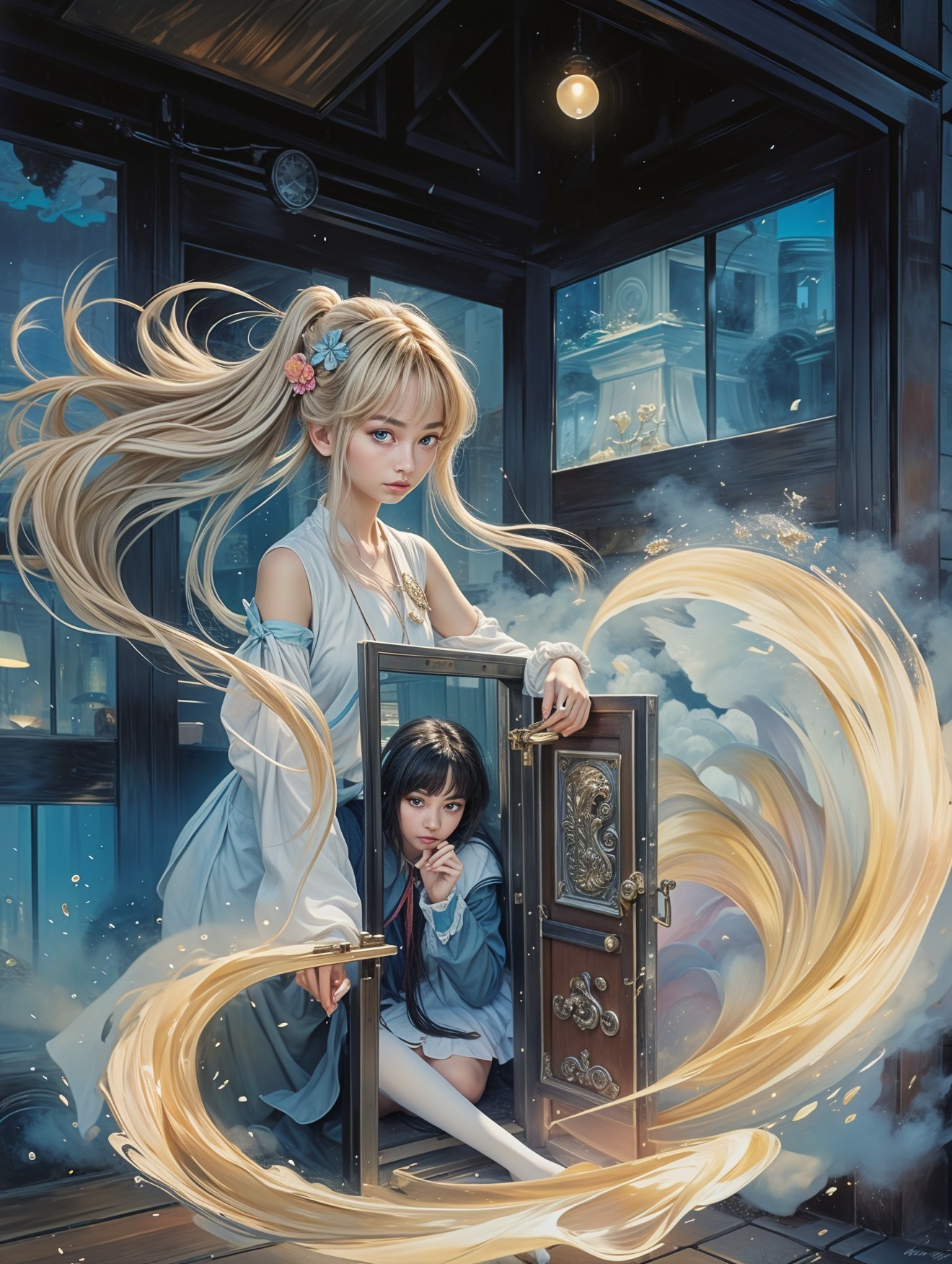 Mystical Scene with Girls and Ornate Doorway