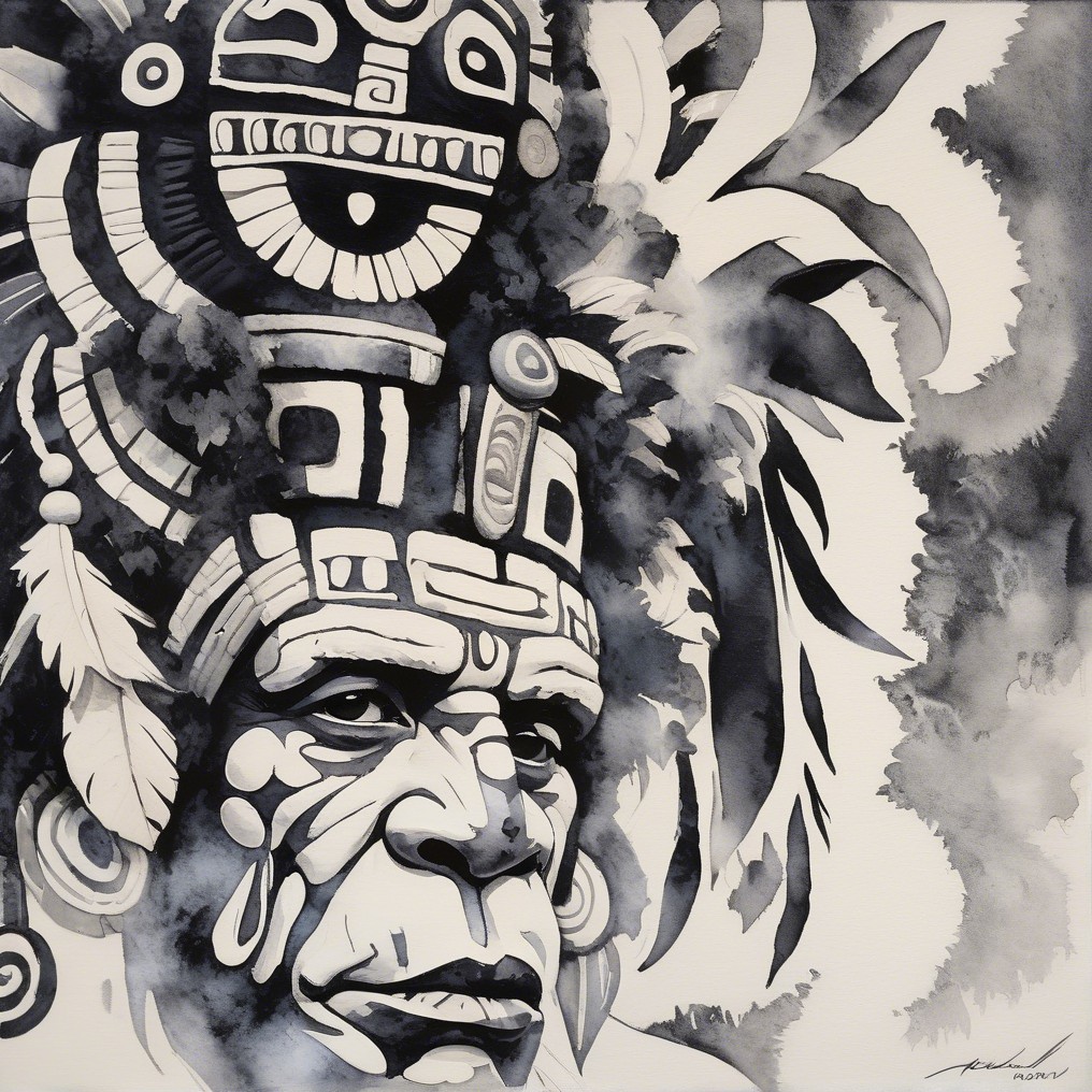Monochrome Watercolor Portrait of Indigenous Man