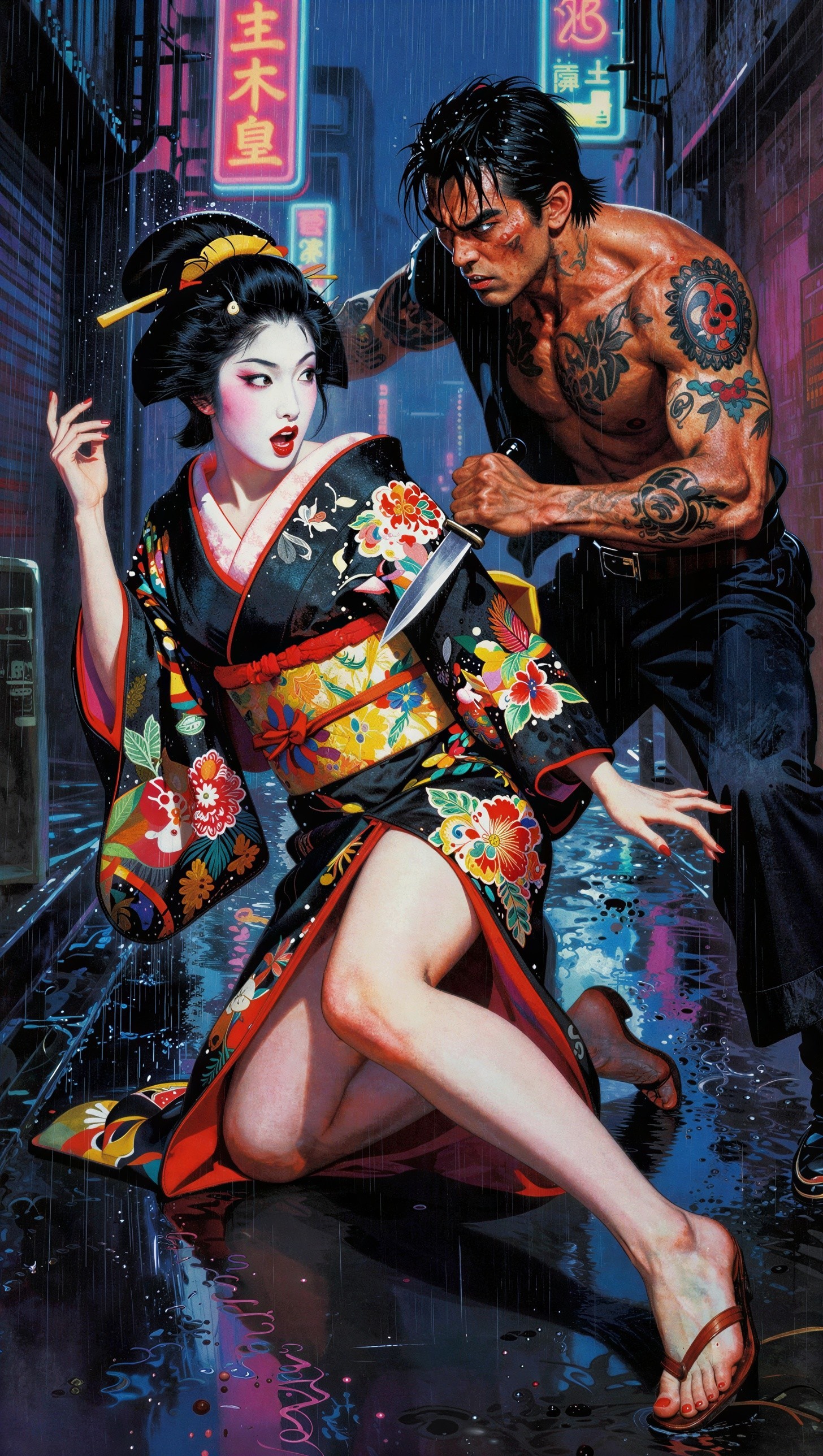 Frightened Geisha in Black Kimono with Tattooed Man