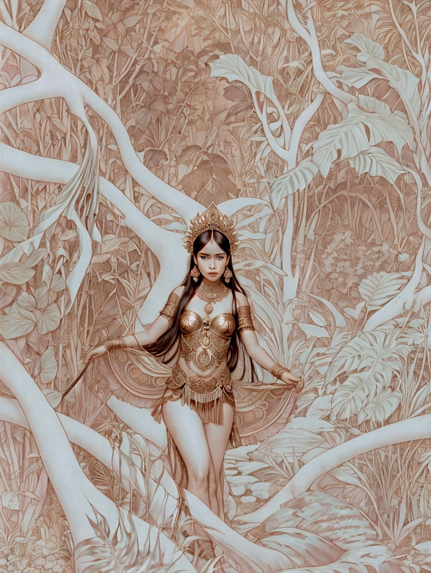 Illustrated female figure in crown and ornate armor surrounded by intricate foliage.