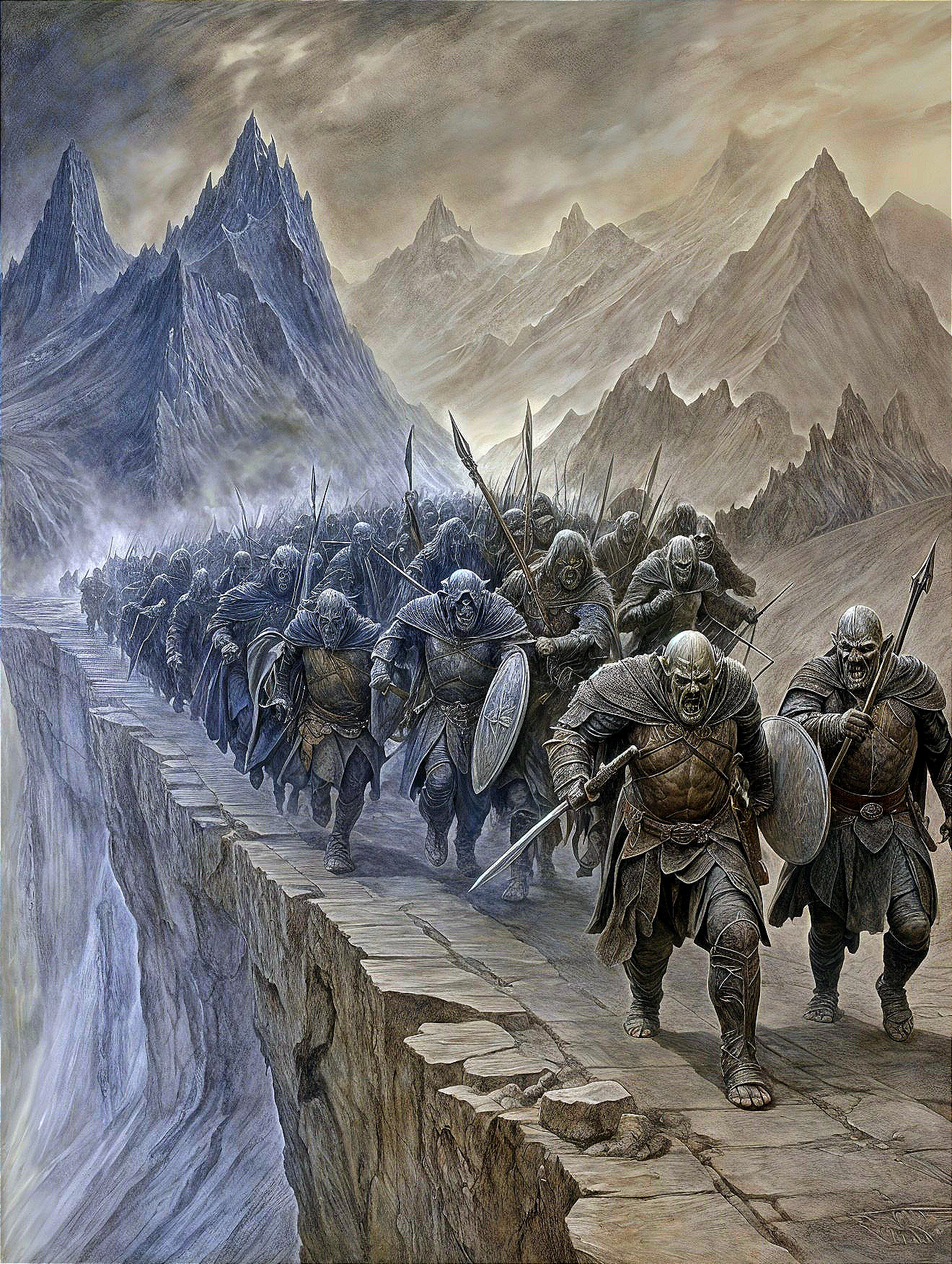 Armored warriors march on a misty mountain pathway