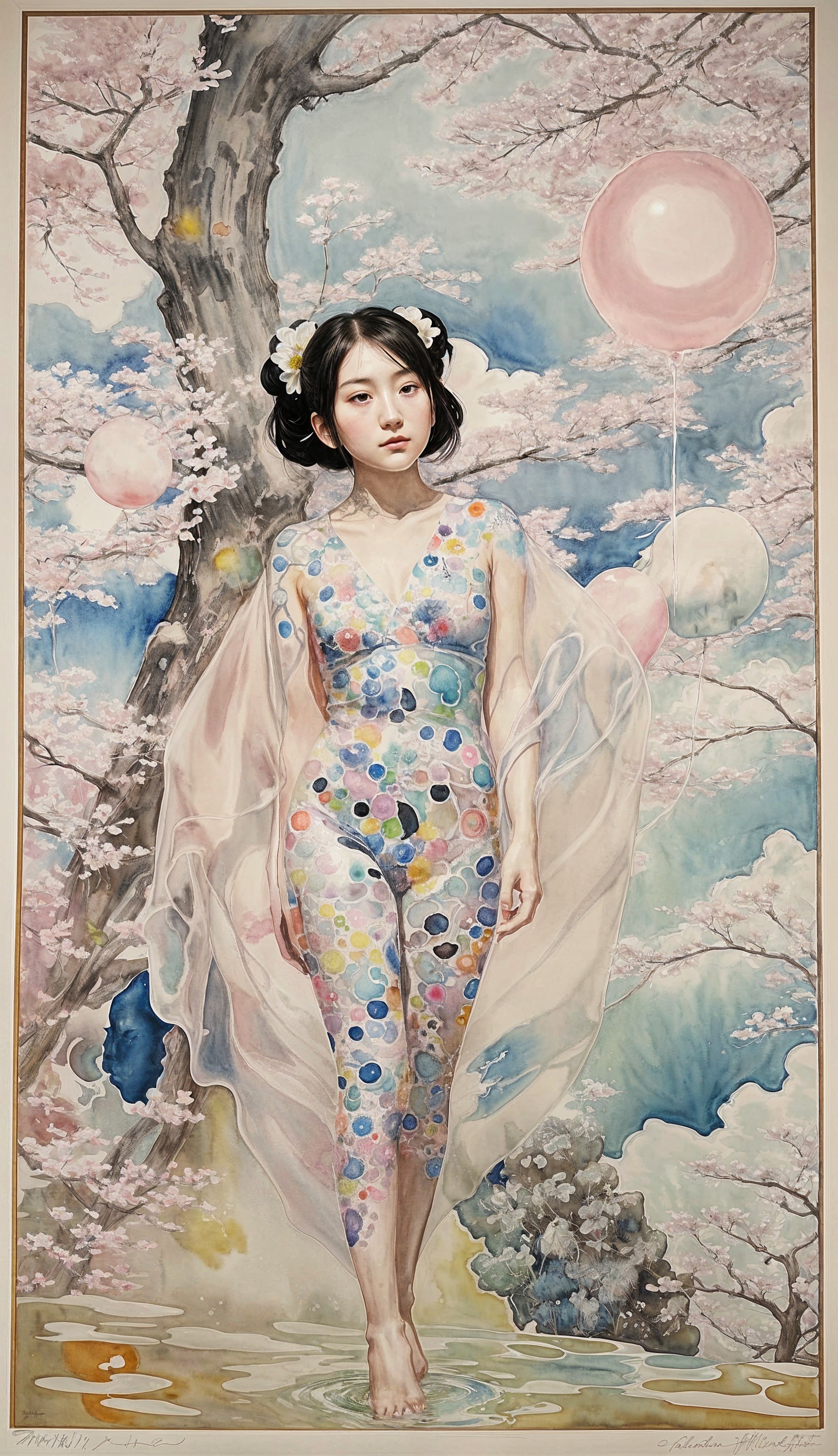 Graceful Figure in Water with Cherry Blossoms and Balloons