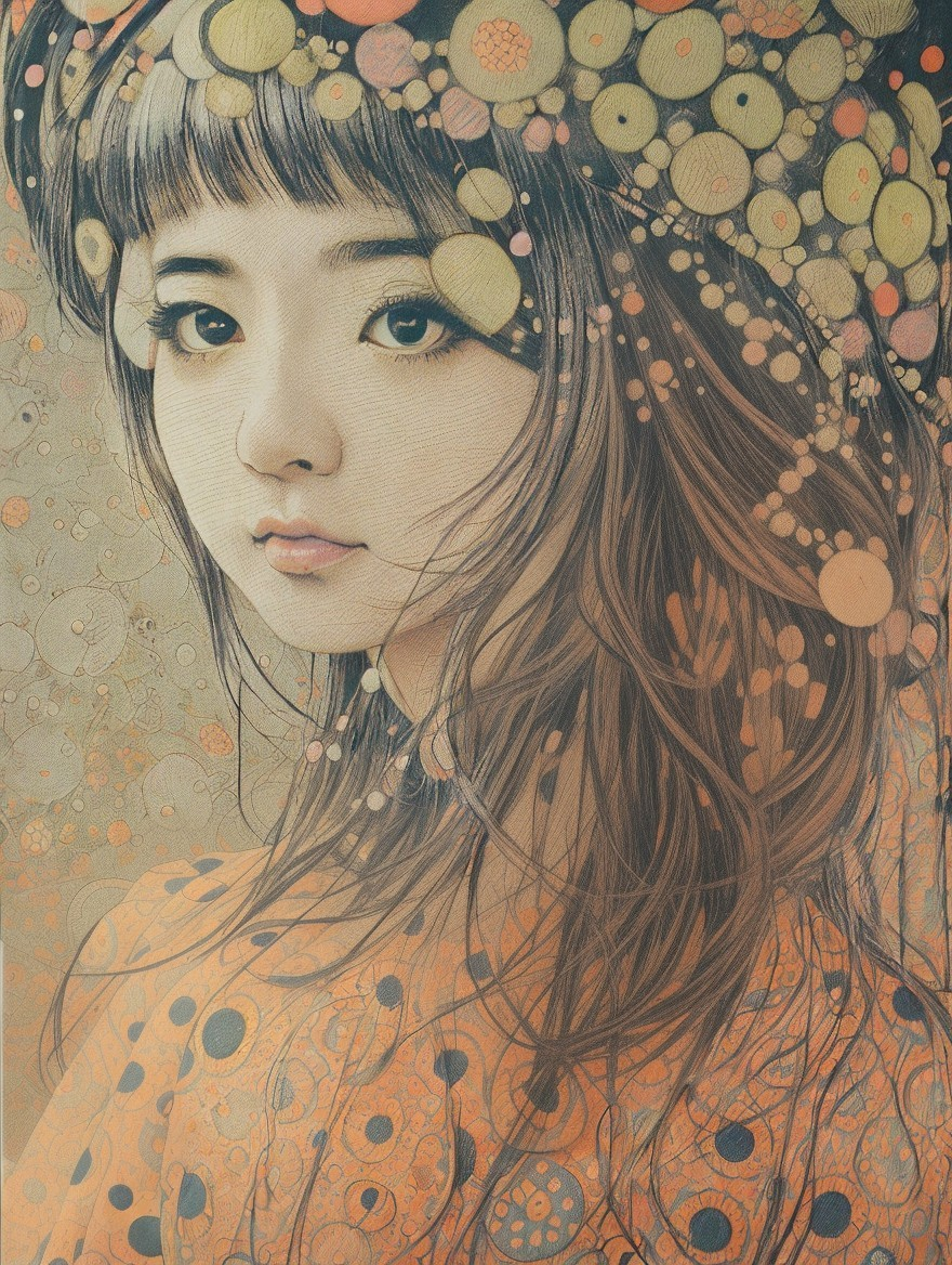 Young woman's portrait with flowing hair and orange dress