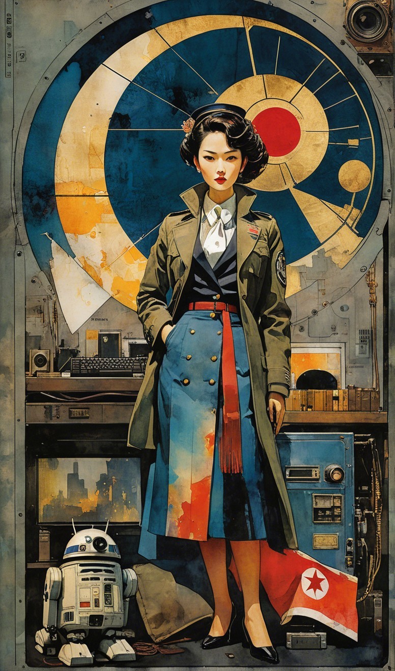 Stylish Woman in Military-Inspired Outfit with Robot