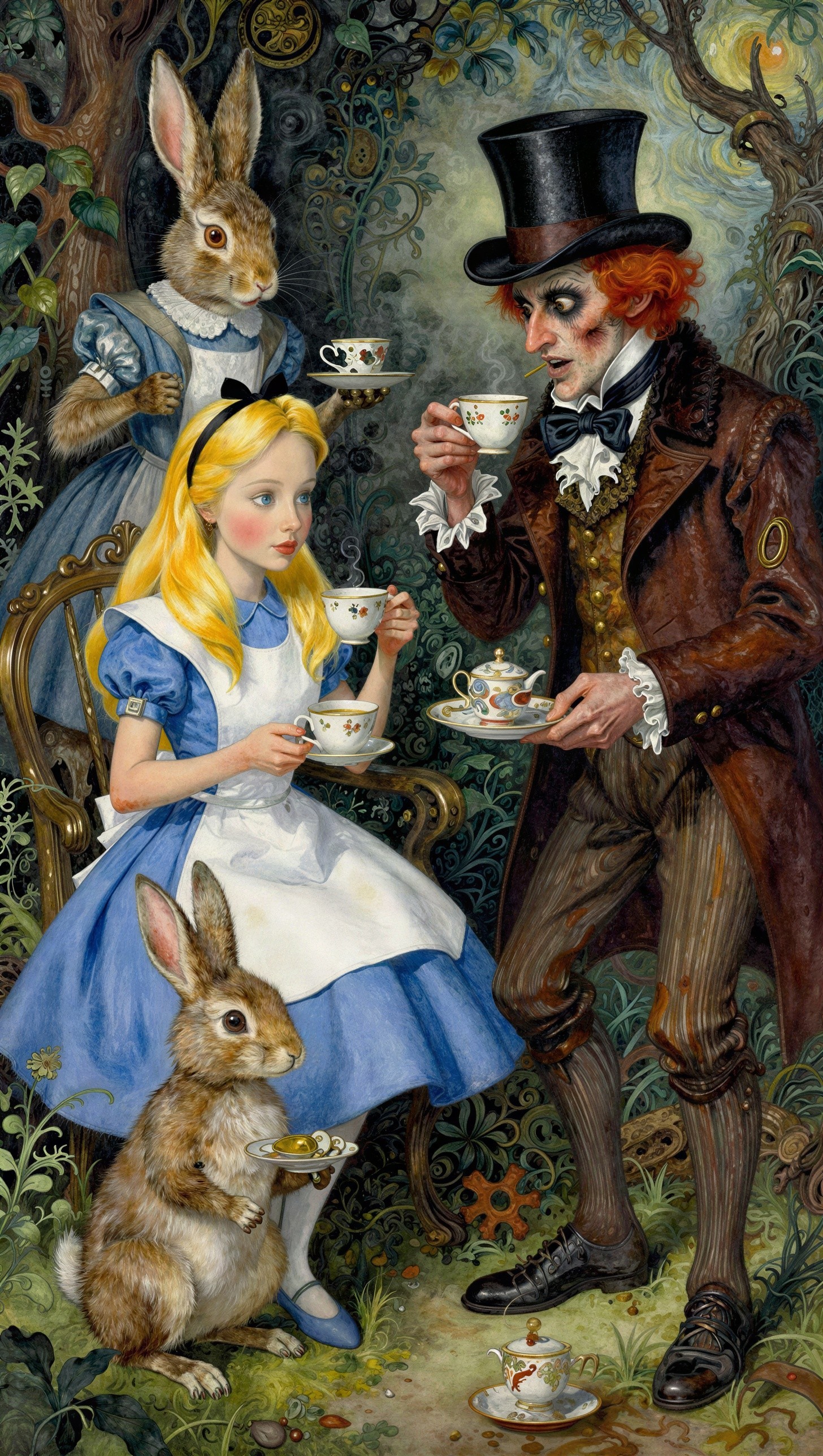 Alice Enjoying Tea with Dressed Rabbits and Decor