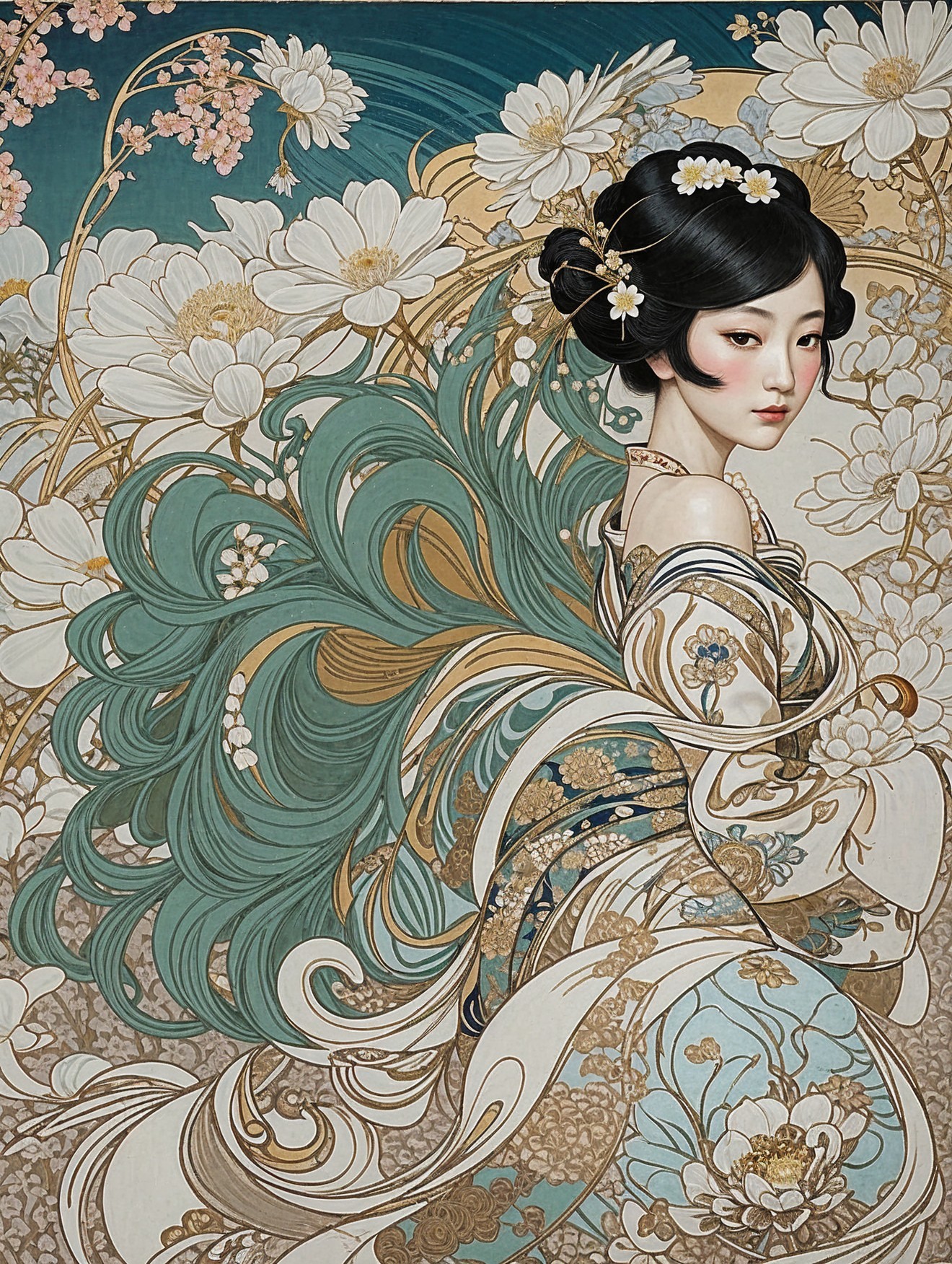 Portrait of a woman in a floral kimono with blossoms