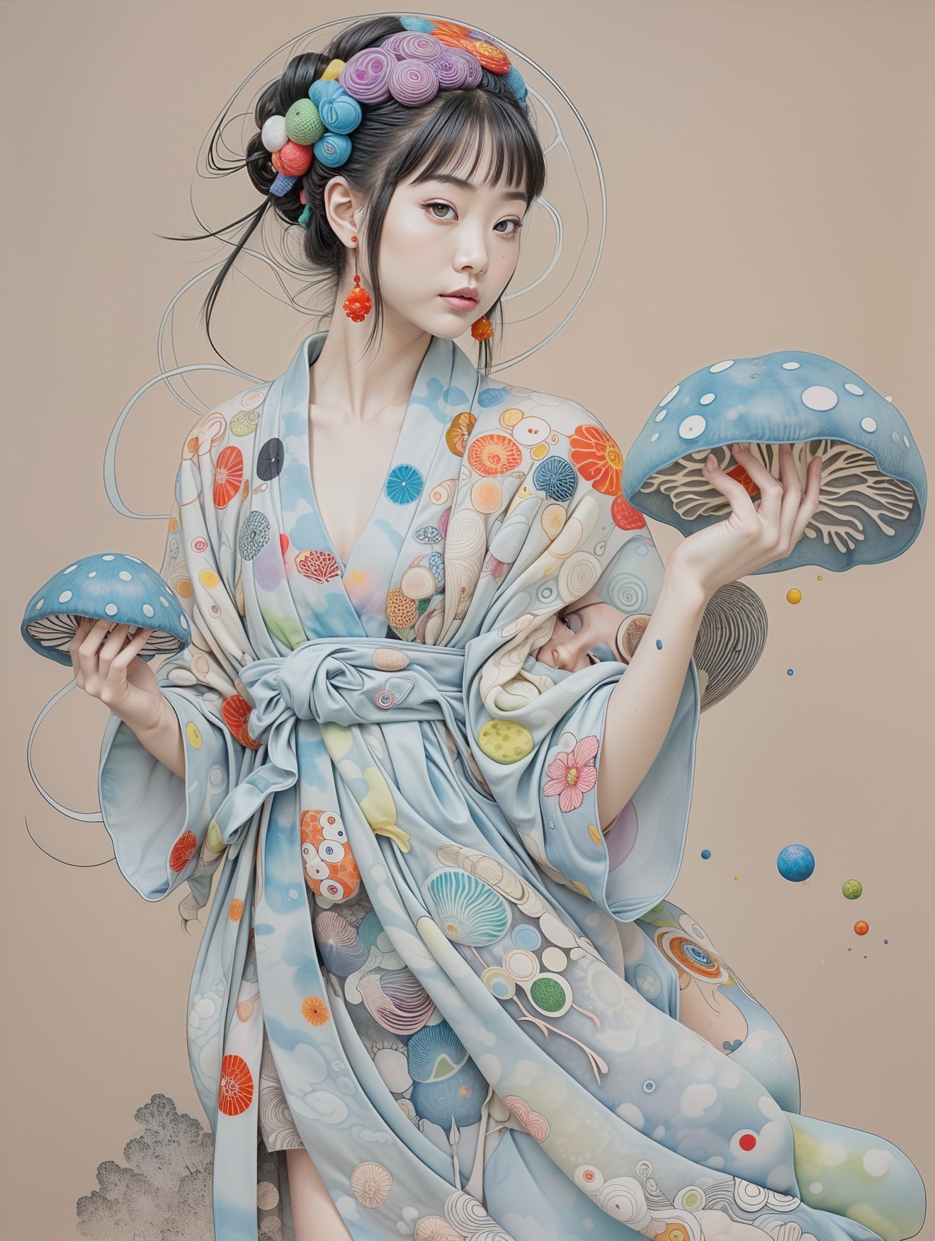 Young Woman in Kimono with Whimsical Mushrooms