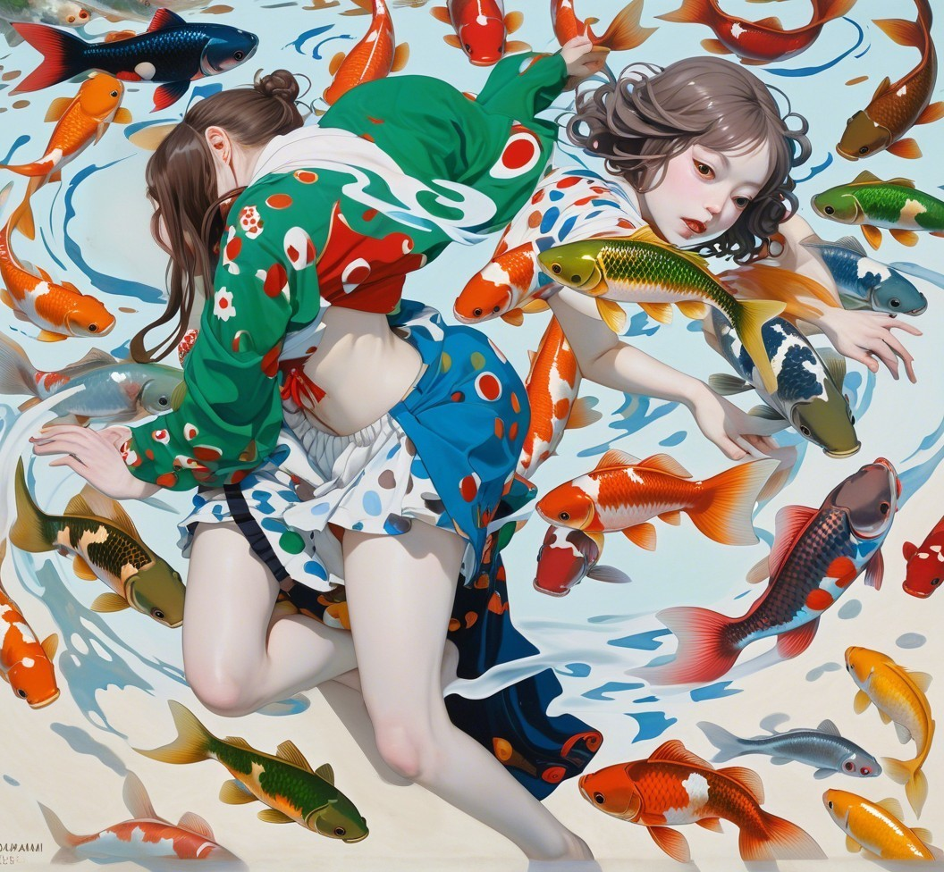 Underwater Scene with Two Women and Koi Fish