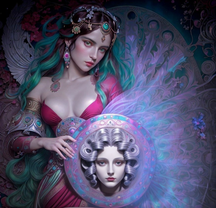 Surreal Illustration of Woman with Teal Hair and Shield