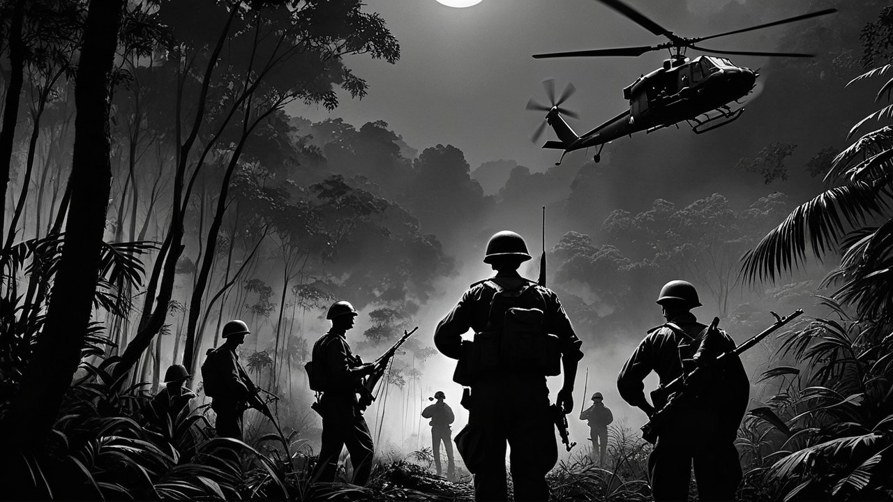 Silhouetted Soldiers in Dense Jungle with Helicopter