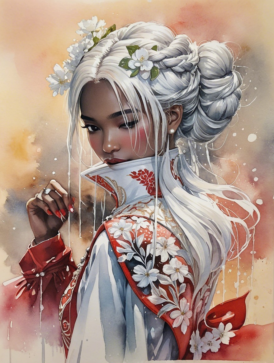 Illustration of a Young Woman with Silver Hair and Flowers