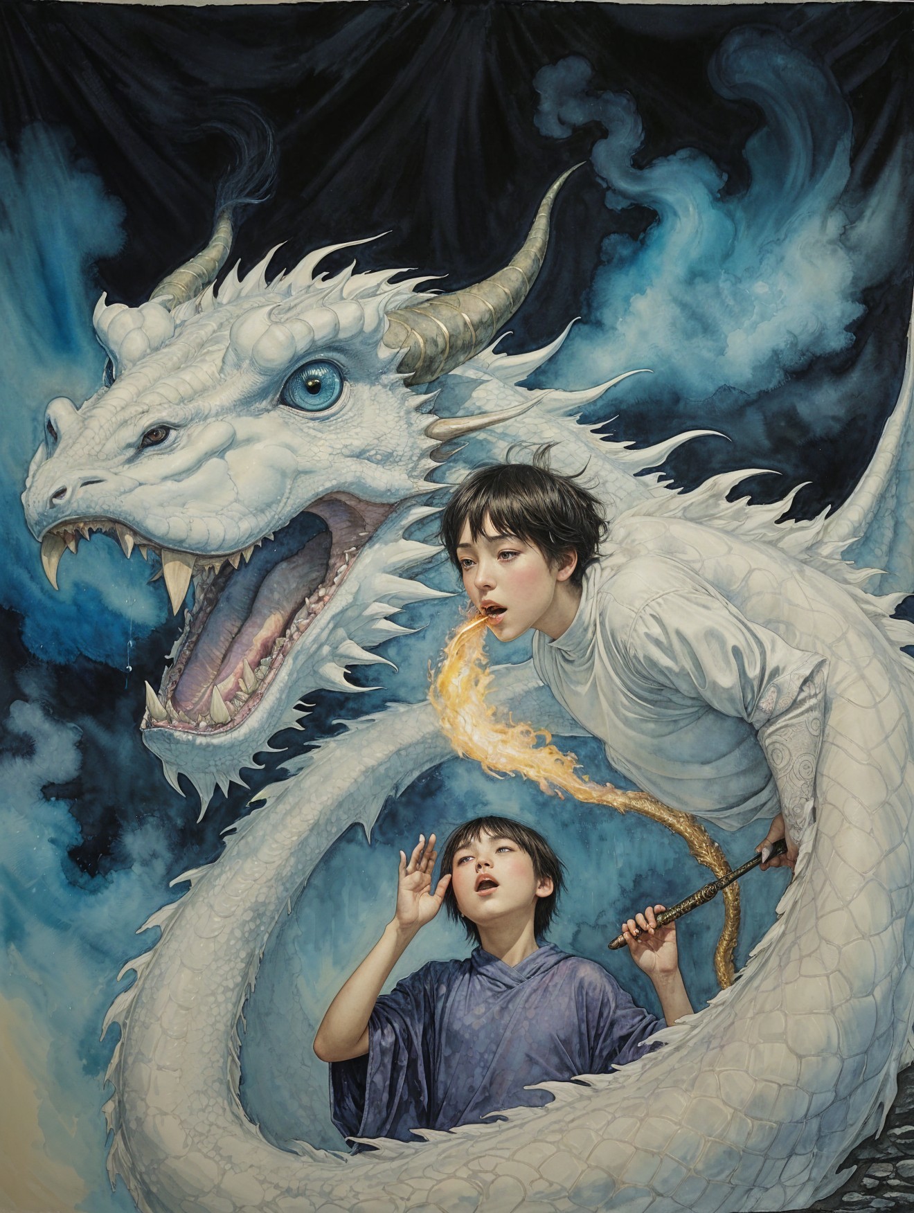 Majestic white dragon and girl with fire powers