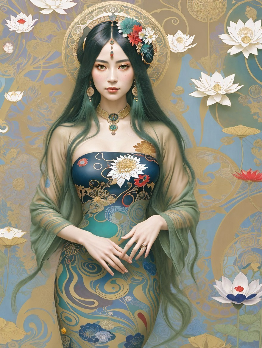 Serene Woman in Detailed Lotus Flower Dress