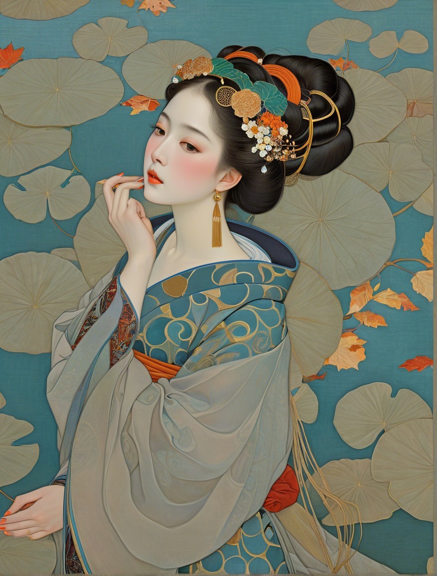 Graceful Woman in Traditional Attire with Lotus Flowers