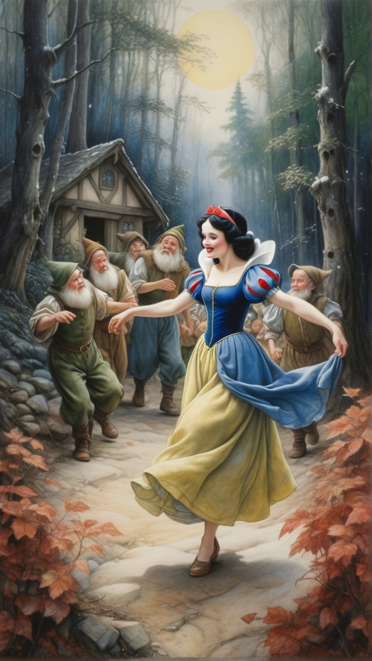 Snow White Dancing in a Mystical Forest Scene
