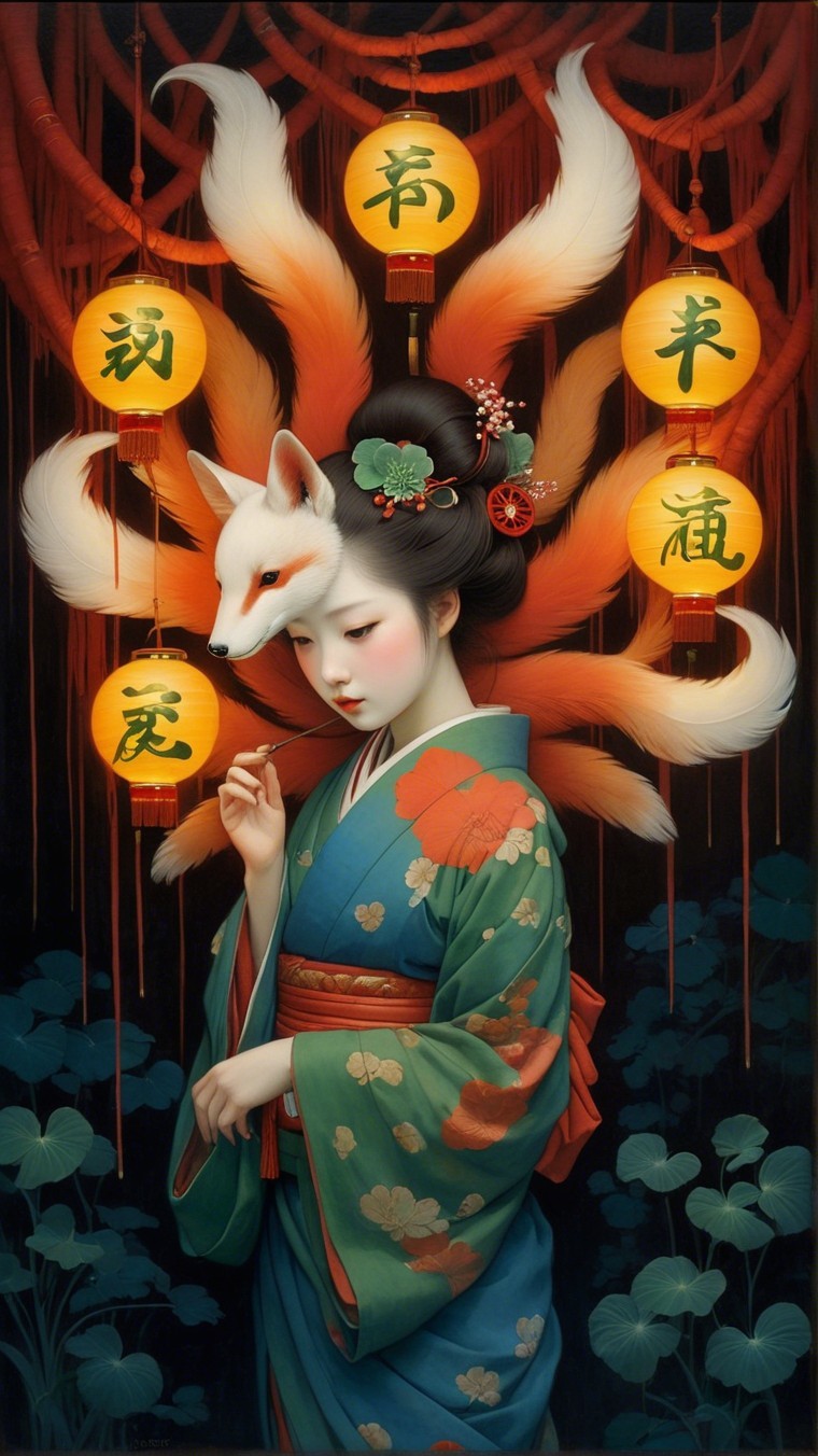 Serene figure in kimono with fox among vibrant lanterns