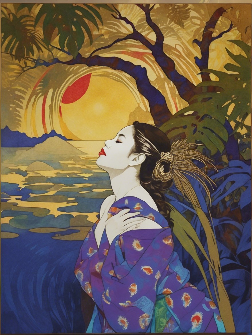 Serene Woman in Blue Kimono Against Sunset Background