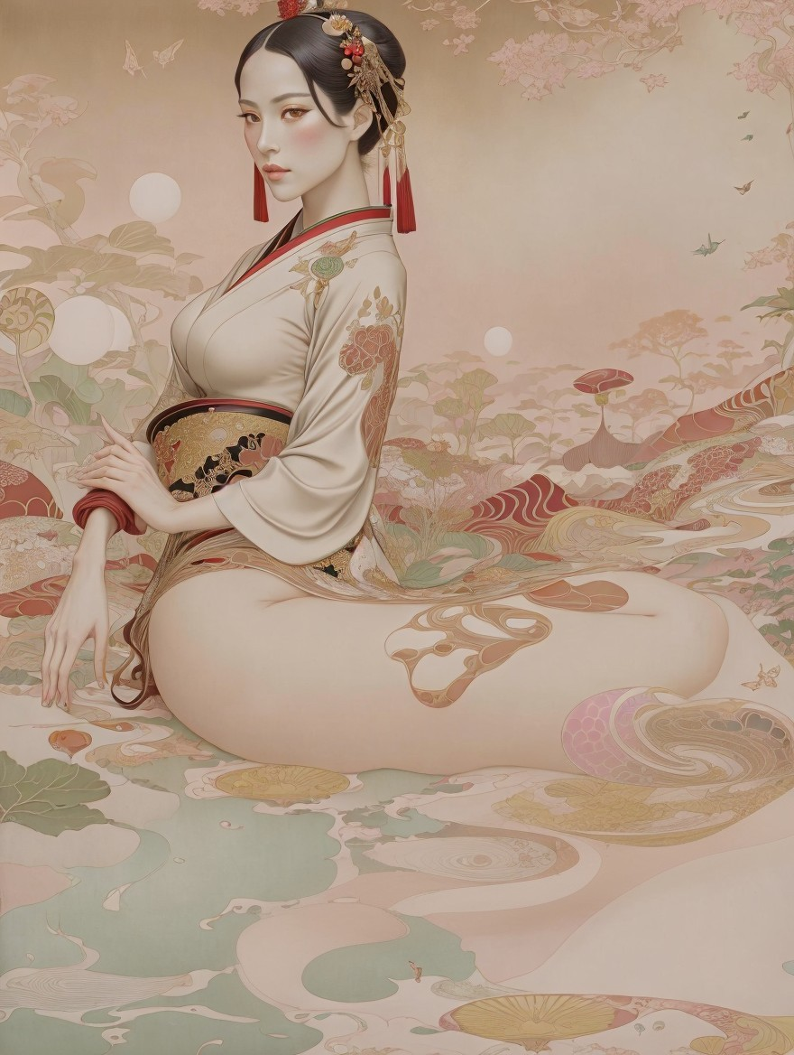Traditional Kimono Figure in Pastel Floral Landscape