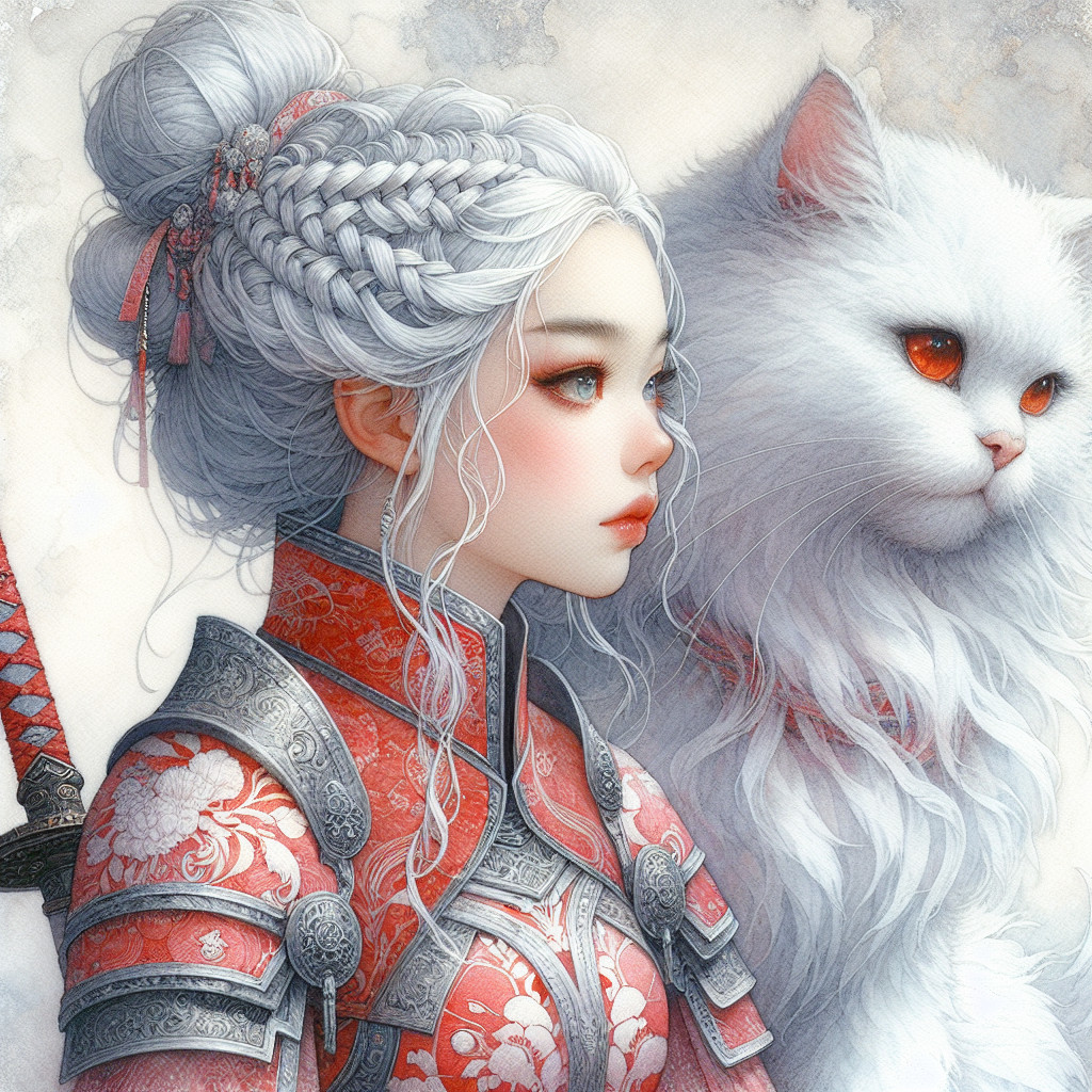 Young Woman in Red Armor with White Cat Portrait