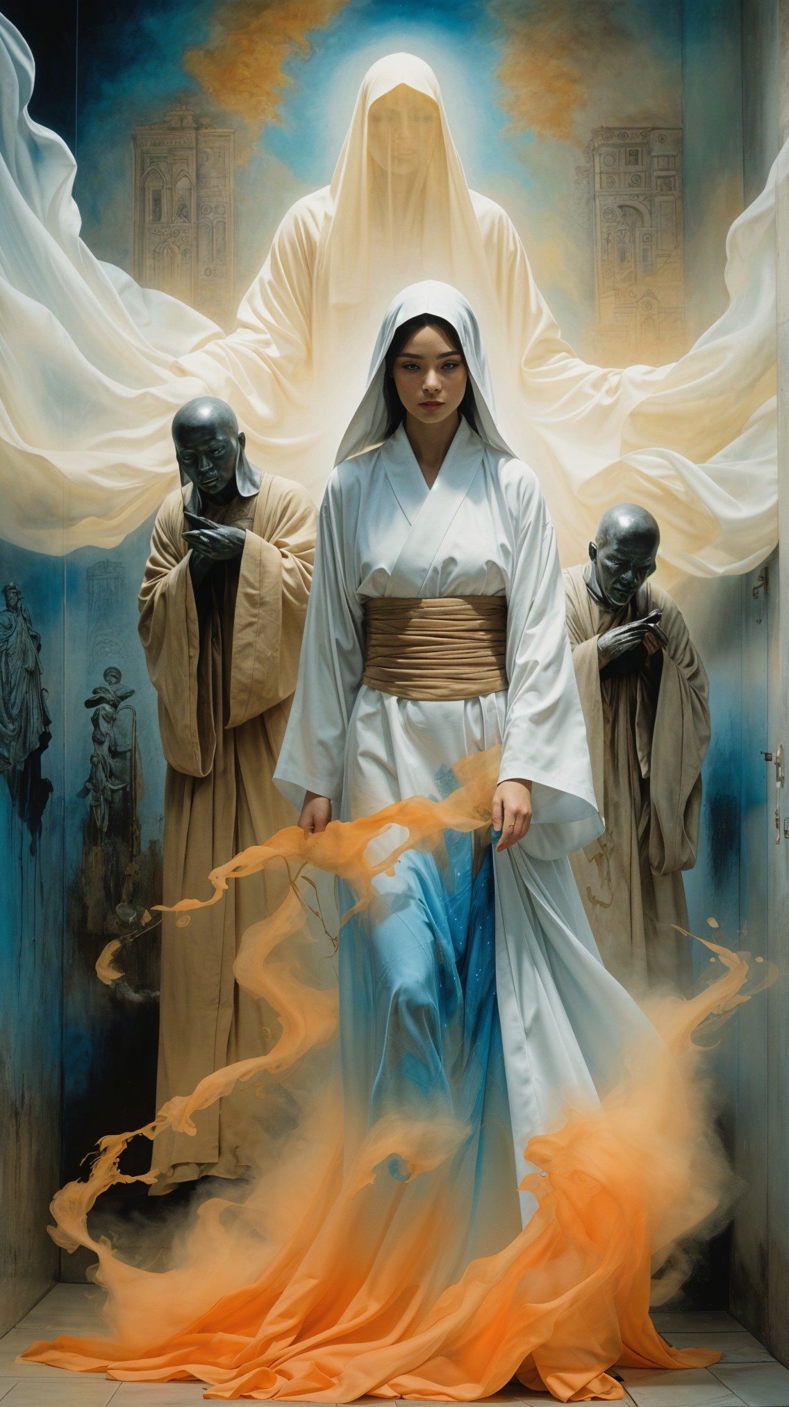 Serene Figure in White Kimono with Ethereal Backdrop