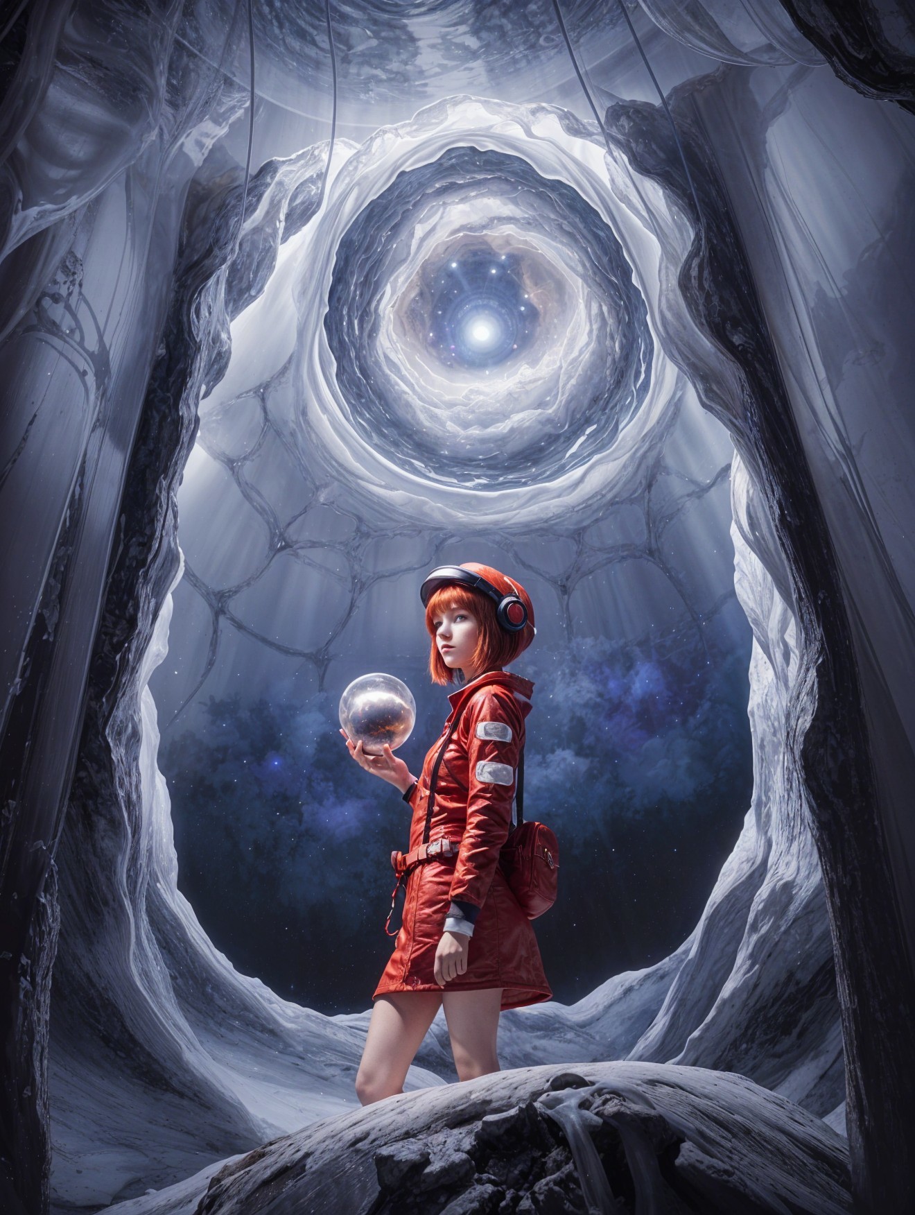 Young astronaut in vibrant suit explores surreal space